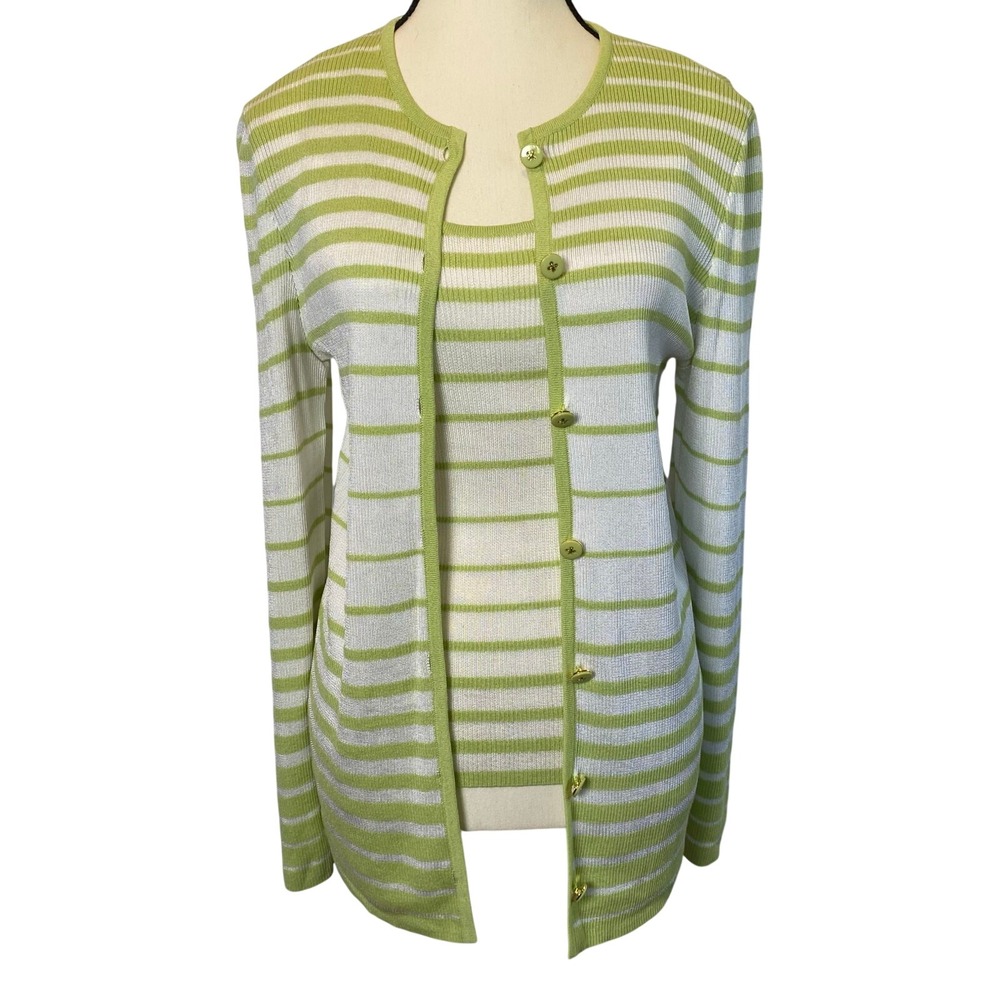 St. John Women's Key Lime Striped Knit Cardigan Sweater and Tank 2 Piece Set